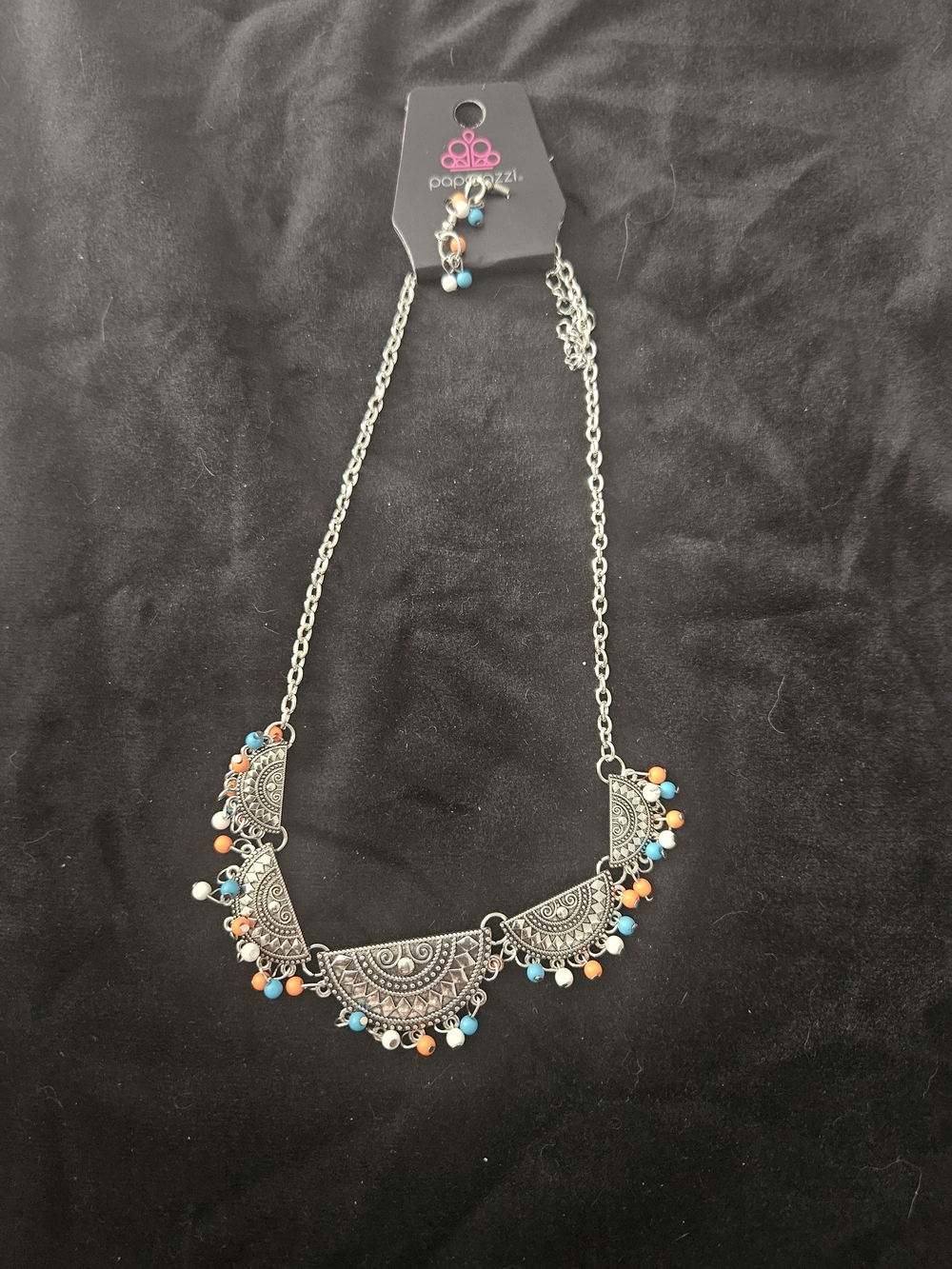 Paparazzi Silver Boho Crescent Necklace with Turquoise & Coral Beads